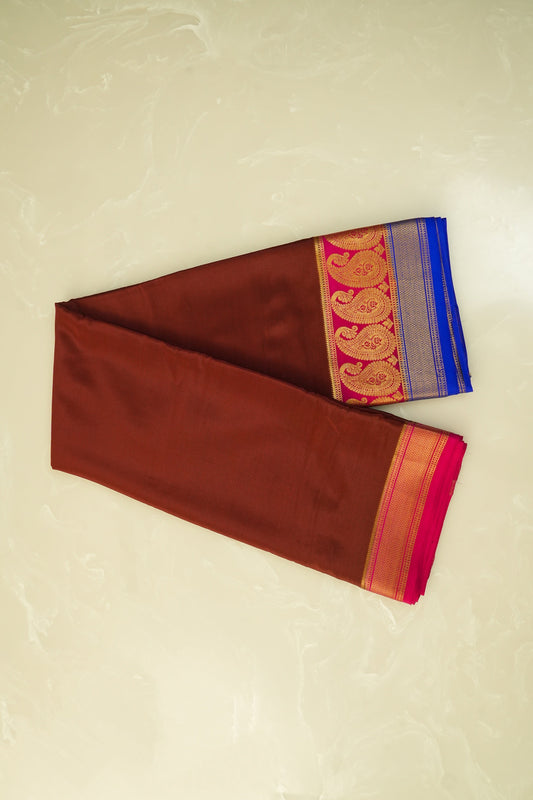 Pure Mysore Silk Chocolate Brown and Royal Blue Saree with Zari Border