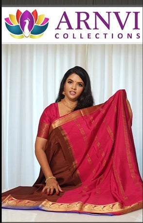 Pure Mysore Silk Chocolate Brown and Royal Blue Saree with Zari Border