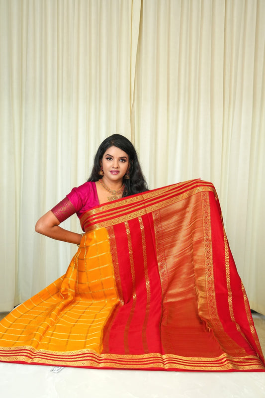 Pure Mysore Silk Mustard Yellow and Bold Red Saree with Zari Border