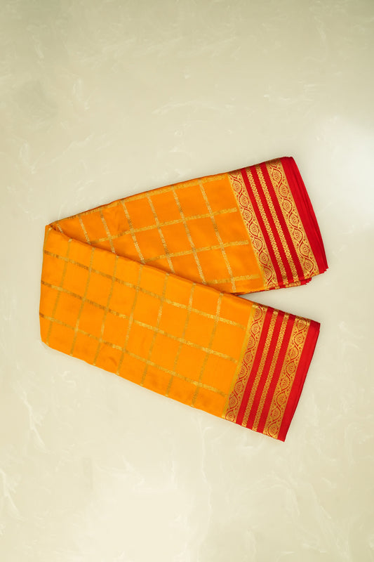 Pure Mysore Silk Mustard Yellow and Bold Red Saree with Zari Border