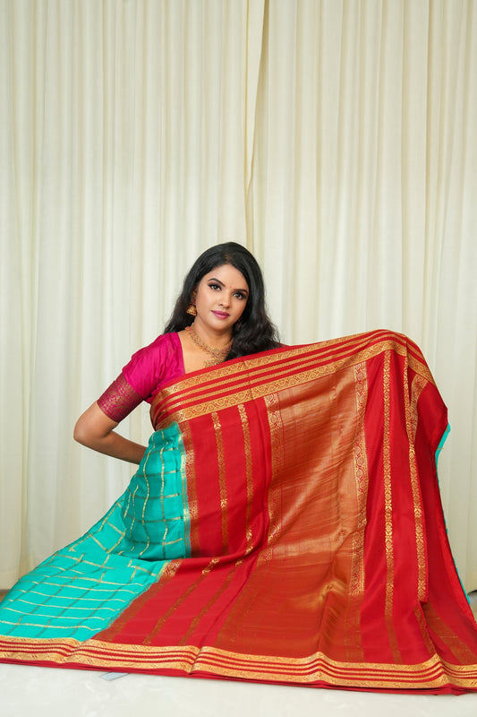 Pure Mysore Silk Teal Blue and Rich Red Saree with Zari Border