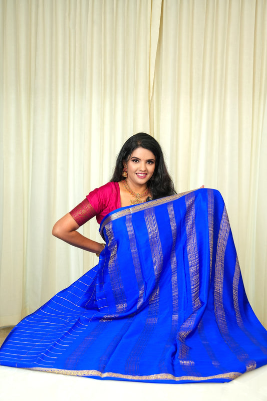 Pure Mysore Silk Royal Blue Saree With Golden Zari Vertical Stripes
