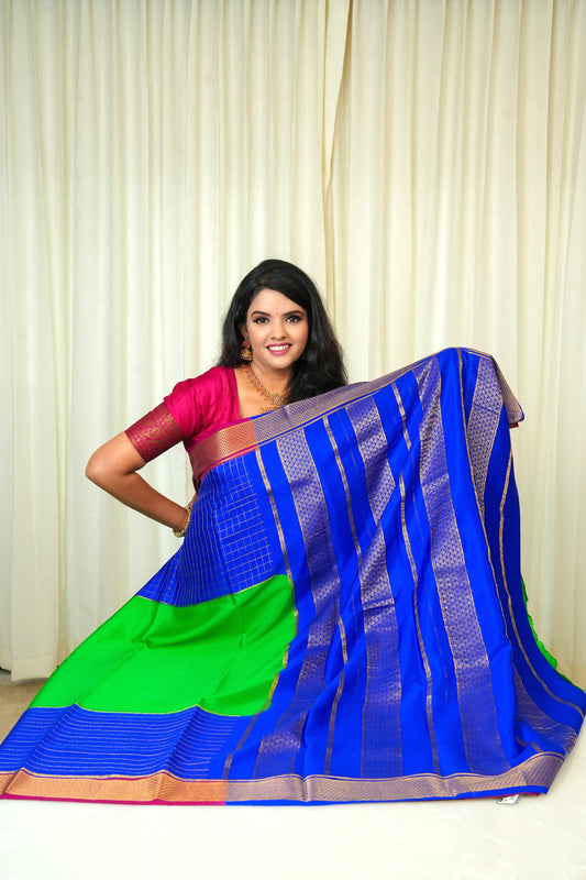 Pure Mysore Silk Parroy Green And Royal Blue Saree With Zari