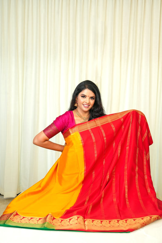 Pure Mysore Silk Sunny Yellow And Red Saree With Zari