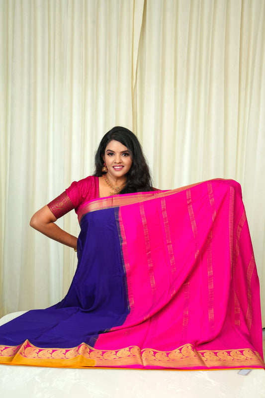 Pure Mysore Silk Royal Blue And Pink Saree With Zari