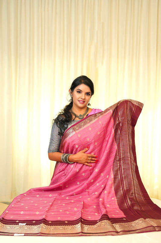 Moonga Crepe Silk Rose Pink with Wine Border Saree With Zari