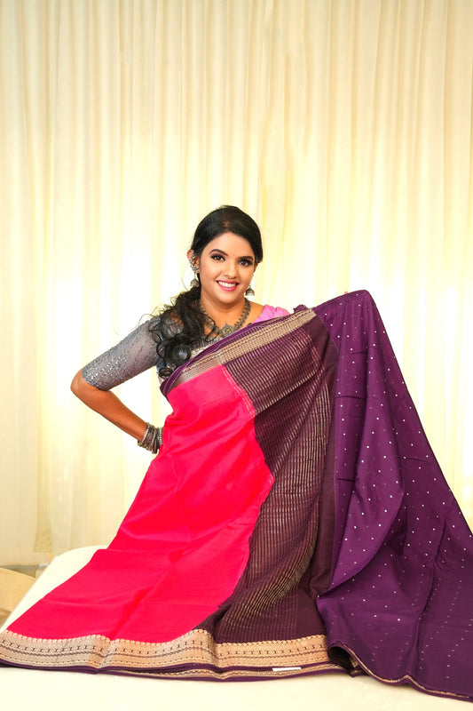 Moonga Crepe Silk Bright Pink with Deep Violet Border Saree With Zari