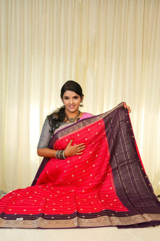 Moonga Crepe Silk Bright Red with Deep Violet Border Saree With Zari