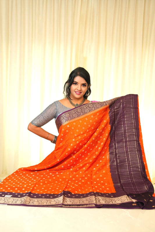 Moonga Crepe Silk Orange with Deep Violet Border Saree With Zari