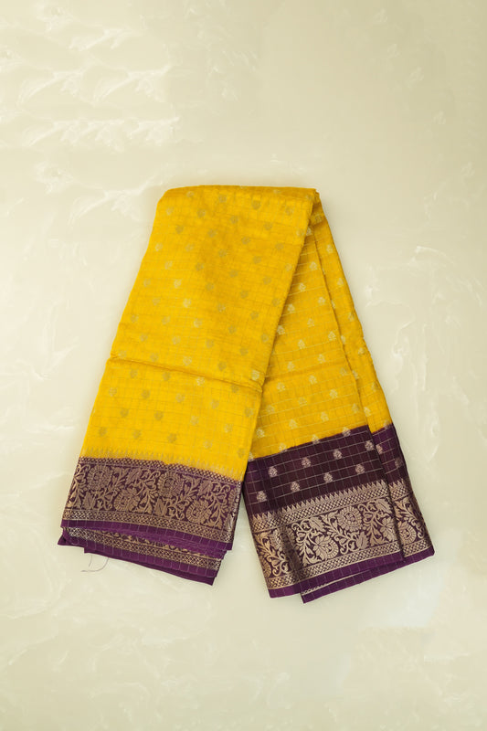 Moonga Crepe Silk Lemon Yellow with Deep Plum Purple Border Saree With Zari