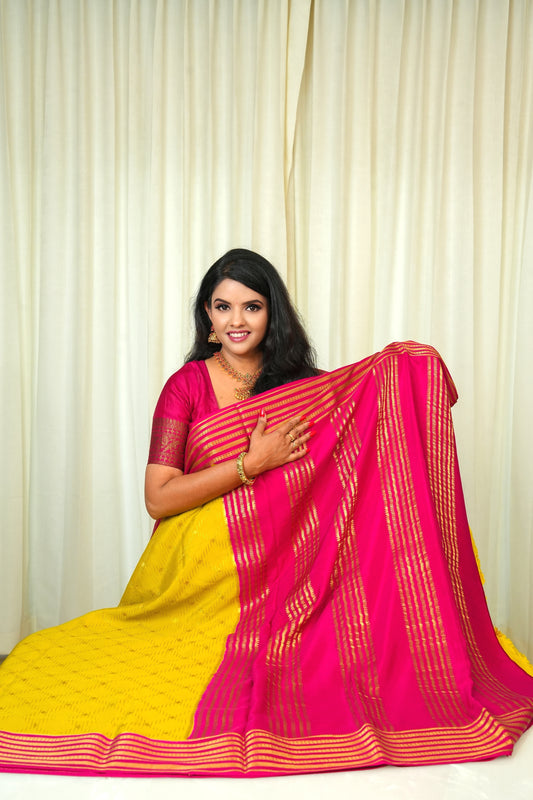 Pure Mysore Silk Lemon Yellow and Hot Pink Saree with Zari Border