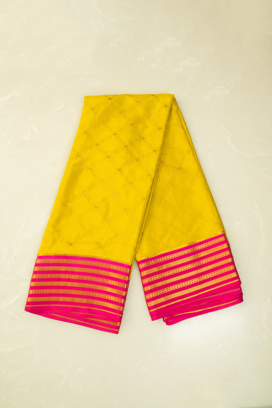 Pure Mysore Silk Lemon Yellow and Hot Pink Saree with Zari Border