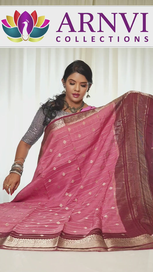 Moonga Crepe Silk Rose Pink with Wine Border Saree With Zari
