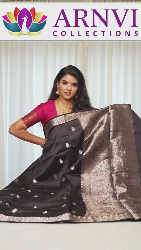Raw Mango Silk Jet Black And Silver Zari Pallu Saree
