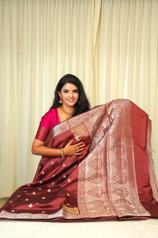 Raw Mango Silk Deep Brownish-maroon And Silver Zari Pallu Saree