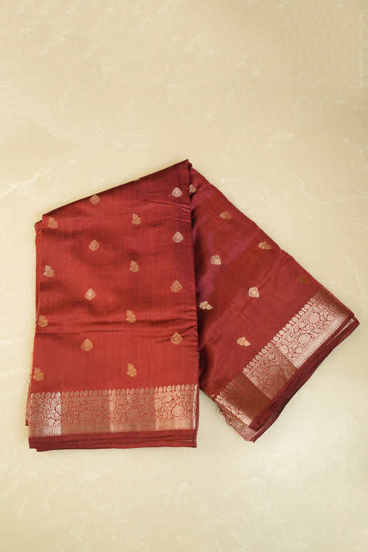 Raw Mango Silk Deep Brownish-maroon And Silver Zari Pallu Saree