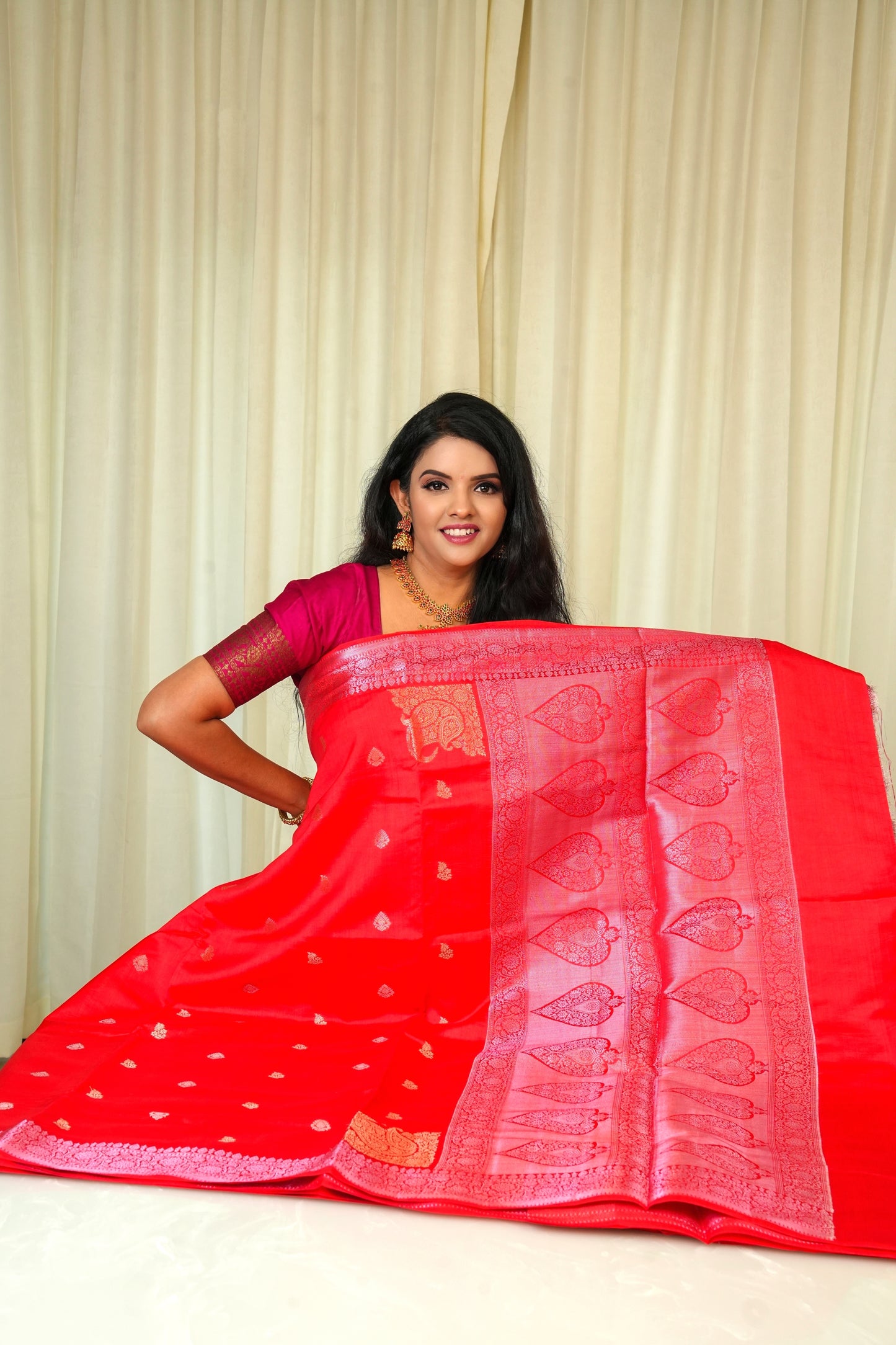 Raw Mango Silk Cherry Red And Silver Zari Pallu Saree