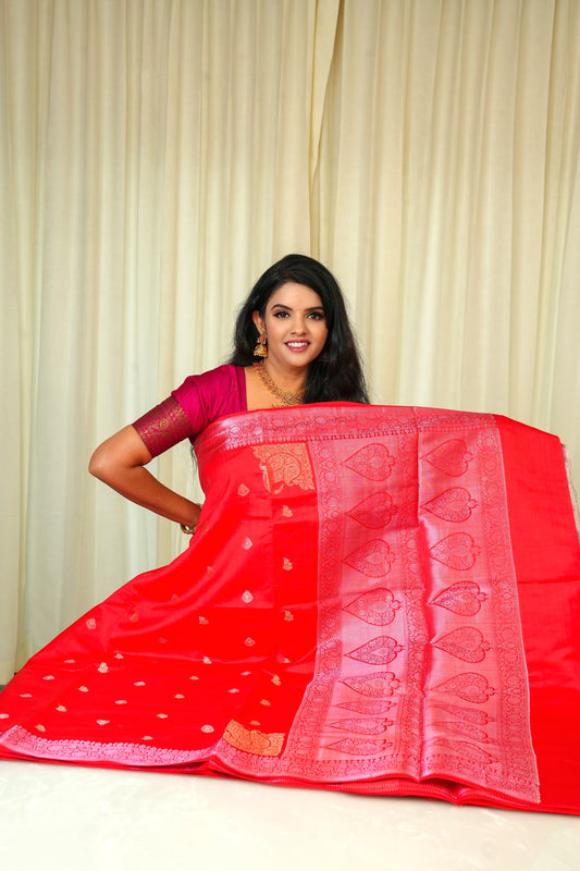 Raw Mango Silk Cherry Red And Silver Zari Pallu Saree